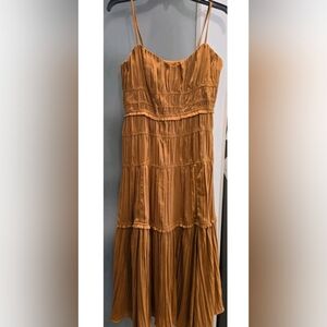 Anthropologie Spaghetti Strap Brown Satin Tired Dress with fine Pleats